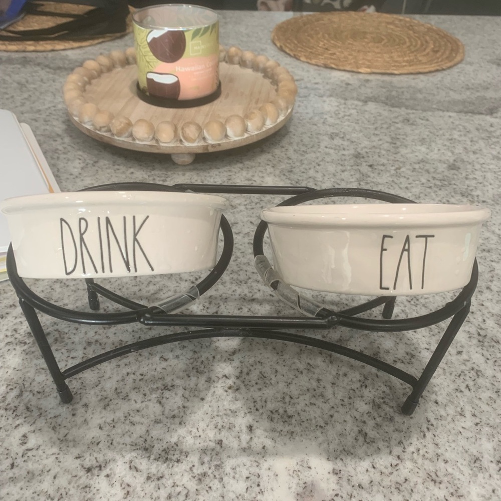 Rae Dunn pet food and water bowl